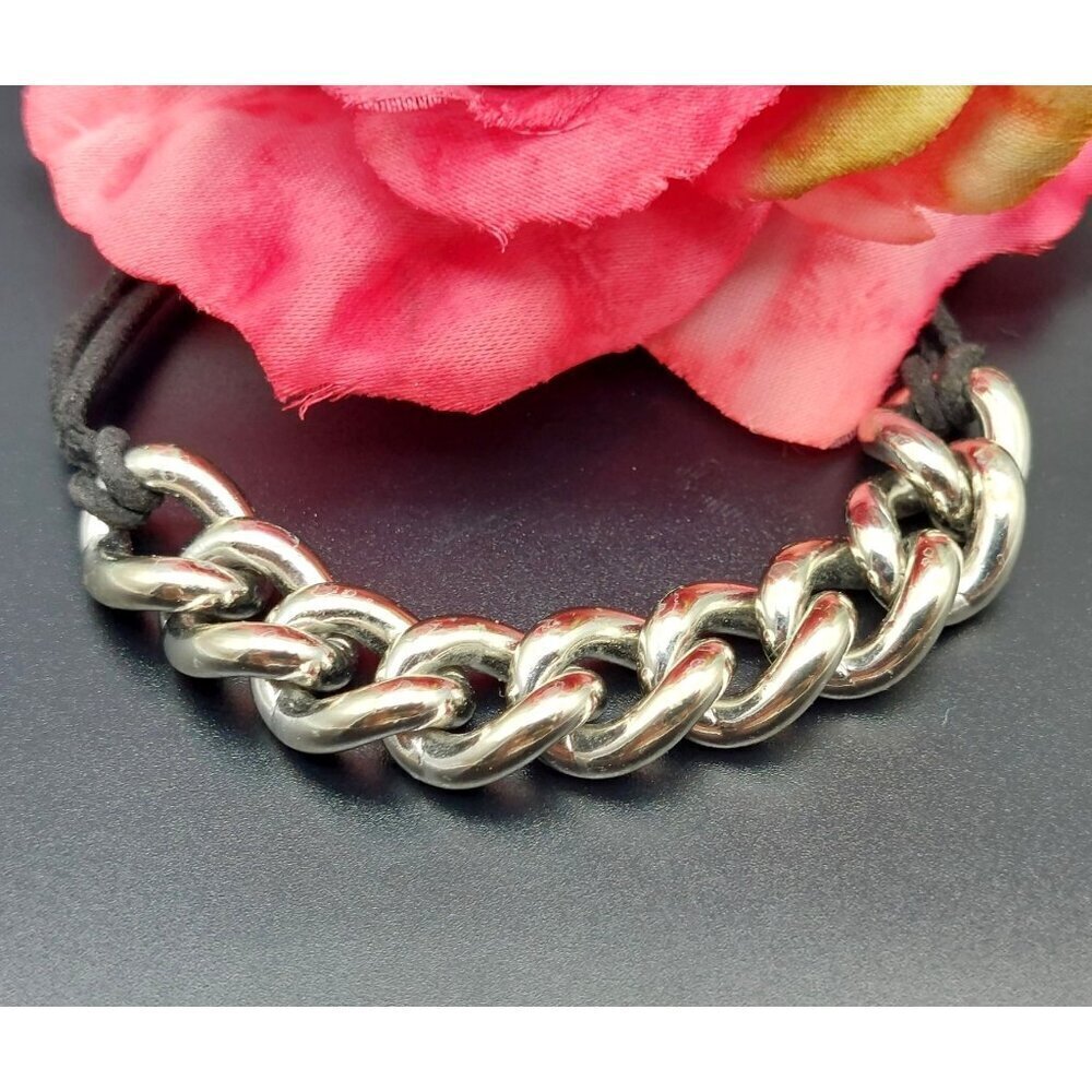 Henri Brendel Silver Tone Cable Chain Bracelet Black Elastic Back One Size